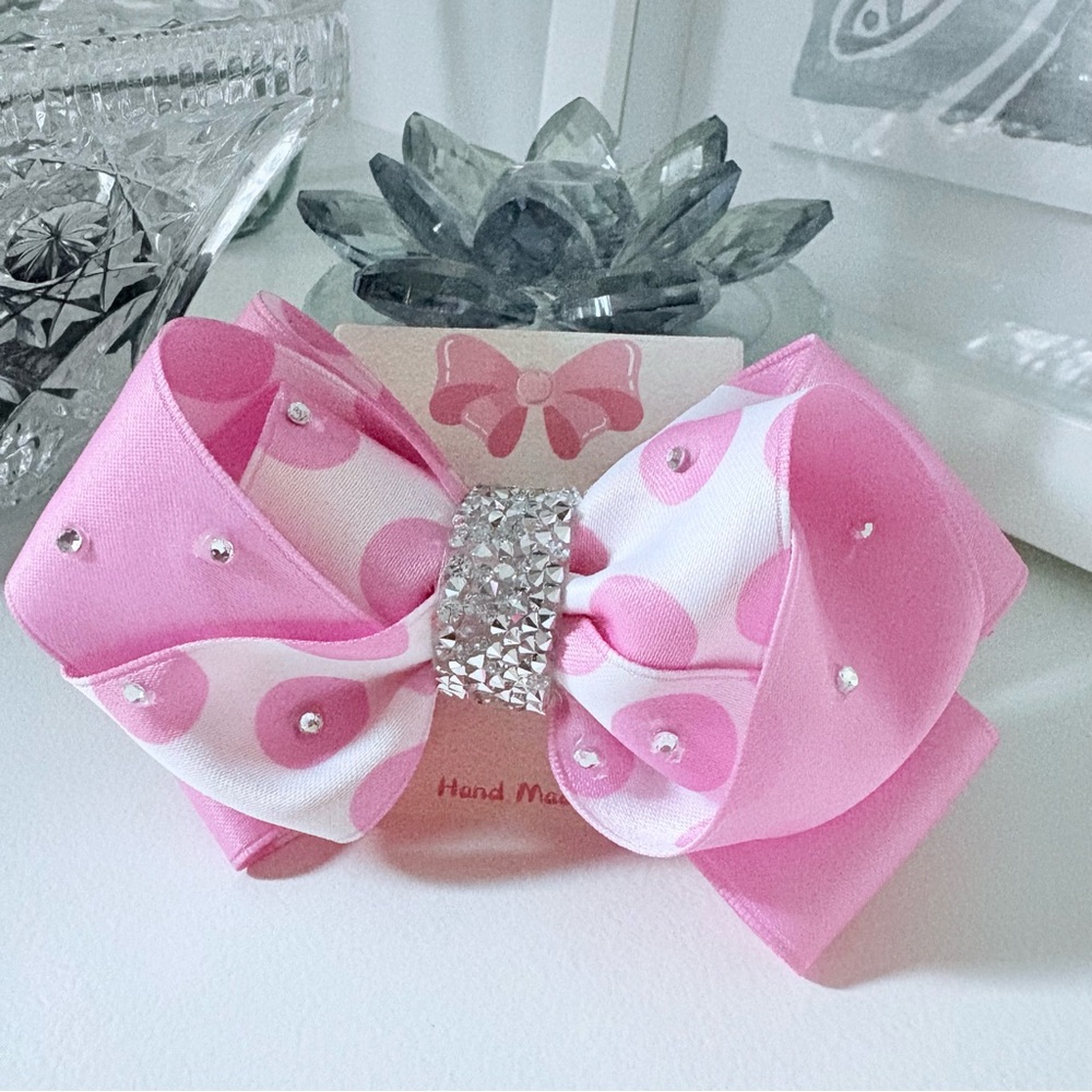 Elegant Pink Polka Dot Hair Bow with Silver Accent